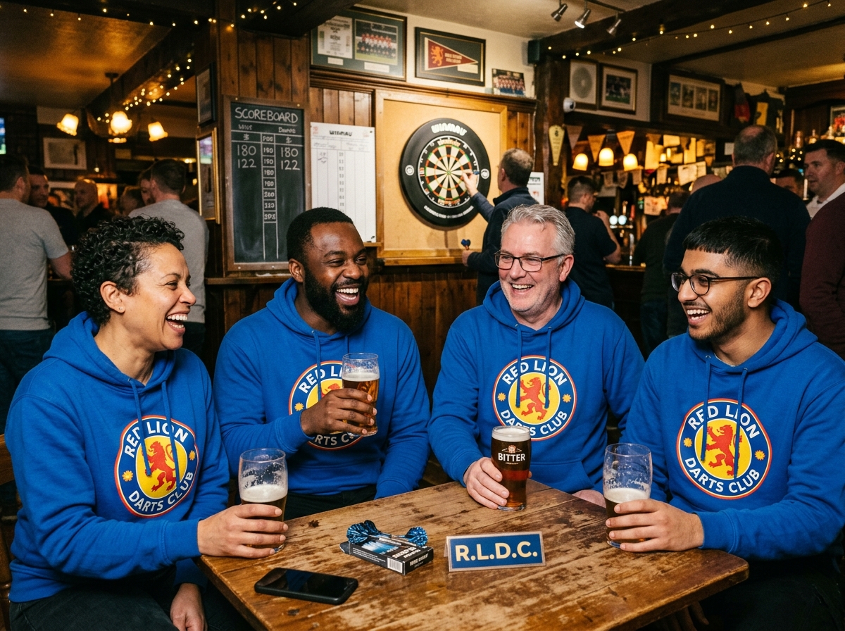 Darts team in royal blue matching printed hoodies