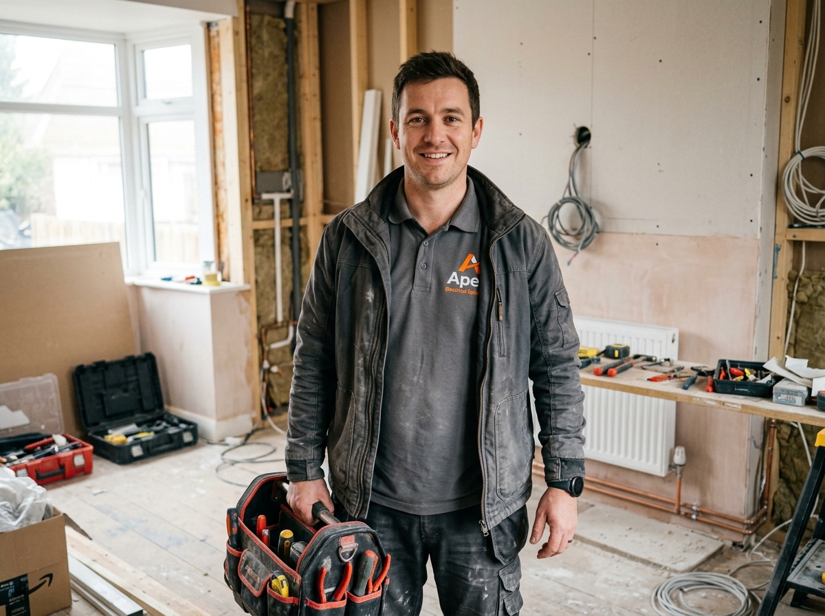 Electrician in graphite grey workwear jacket and polo